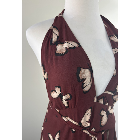 Reformation Johnson Dress Wrap Halter Tie Butterfly Print Burgundy Women's Large - Picture 5 of 15